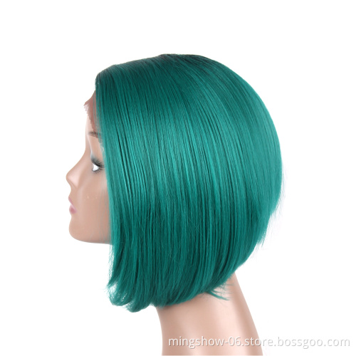 Machine Made Heat Resistant Synthetic Wig Short Silky Straight Bob Hair Style Ombre Two Tone Green Dark Gray Afro Wigs